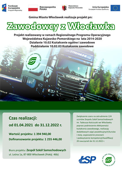 Grafika przedstawia plakat informacyjny dotyczący realizowanego projektu" Zawodowcy z Włocławka”.